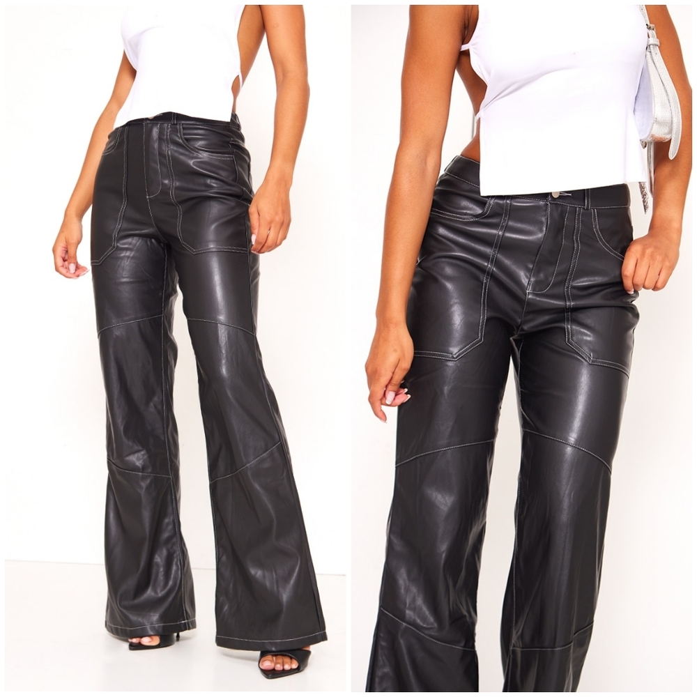 PrettyLittleThing Black Faux Leather Seam Extreme Wide Leg Pants Womens Size 0